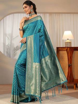 teal banarasi silk blend saree 2