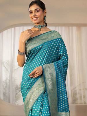 teal banarasi silk blend saree 4
