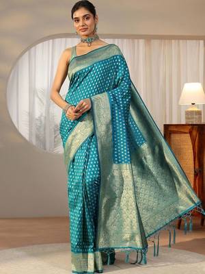teal banarasi silk blend saree 5