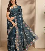 teal embroidered saree with unstitched blouse piece