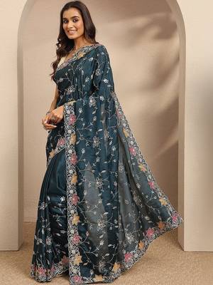 teal embroidered saree with unstitched blouse piece 2