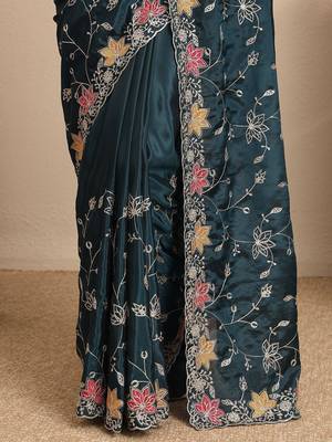 teal embroidered saree with unstitched blouse piece 3