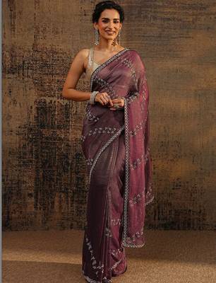 purple floral embellished tissue saree with unstitched blouse piece 1