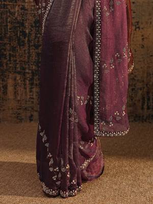 purple floral embellished tissue saree with unstitched blouse piece 3