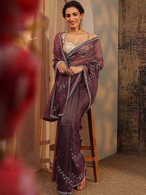 purple floral embellished tissue saree with unstitched blouse piece 4