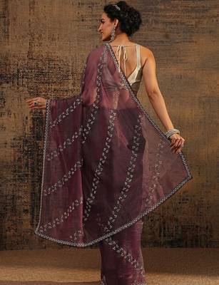 purple floral embellished tissue saree with unstitched blouse piece 5