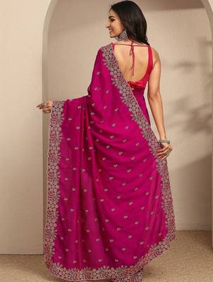 magenta floral zari embroidered saree with zari embellished border and a blouse piece 2
