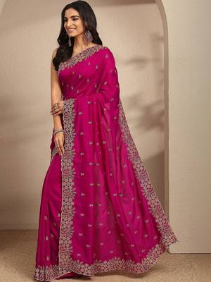 magenta floral zari embroidered saree with zari embellished border and a blouse piece 5