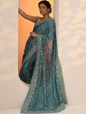 teal embroidered organza saree with unstitched blouse piece 2