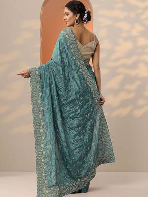 teal embroidered organza saree with unstitched blouse piece 4
