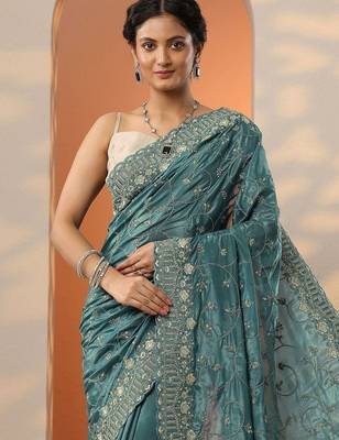 teal embroidered organza saree with unstitched blouse piece 5