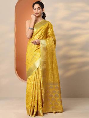 yellow woven design saree with unstitched blouse piece 1