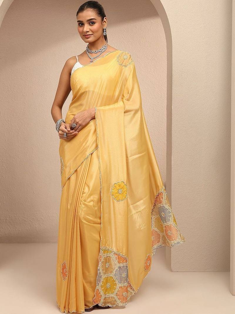 gold geometric embellished saree with unstitched blouse piece