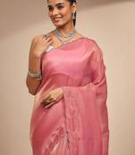 pink embellished saree with unstitched blouse piece