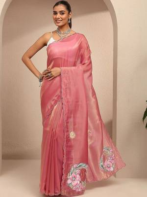 pink embellished saree with unstitched blouse piece 3