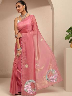 pink embellished saree with unstitched blouse piece 5