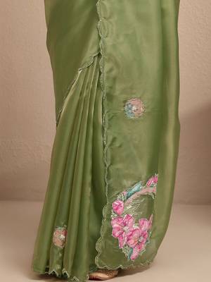 green embellished saree with unstitched blouse piece 3