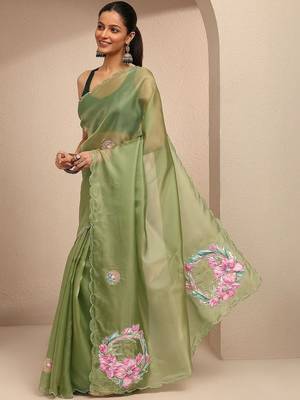 green embellished saree with unstitched blouse piece 4