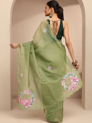green embellished saree with unstitched blouse piece 5