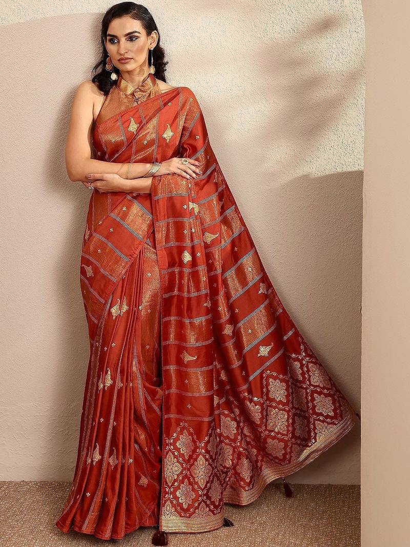 rust woven design banarsi saree with unstitched blouse piece