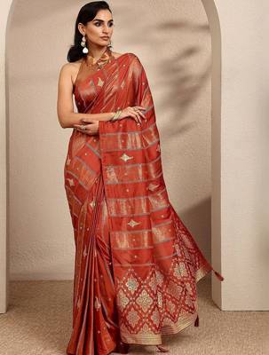 rust woven design banarsi saree with unstitched blouse piece 2