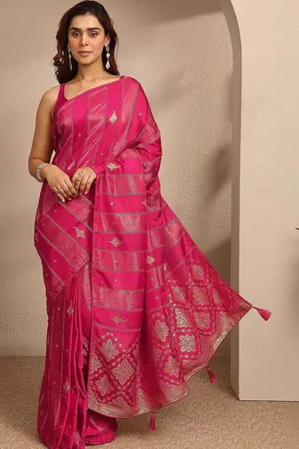 magenta ethnic motif woven design saree with a blouse piece