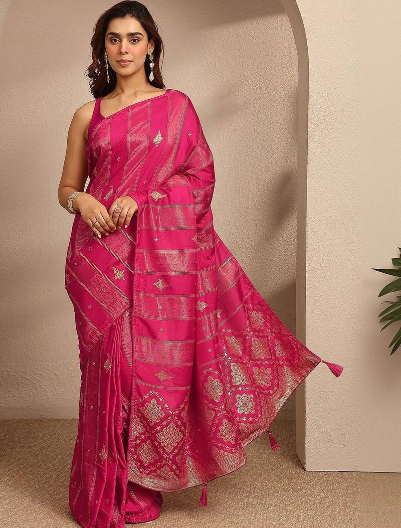 magenta ethnic motif woven design saree with a blouse piece