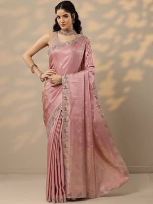 pink woven design banarasi silk blend saree with unstitched blouse piece 1