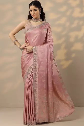 pink woven design banarasi silk blend saree with unstitched blouse piece