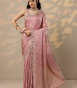 pink woven design banarasi silk blend saree with unstitched blouse piece