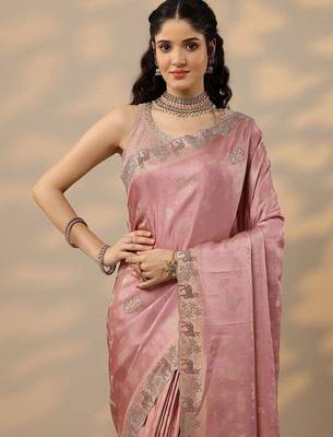 pink woven design banarasi silk blend saree with unstitched blouse piece 2