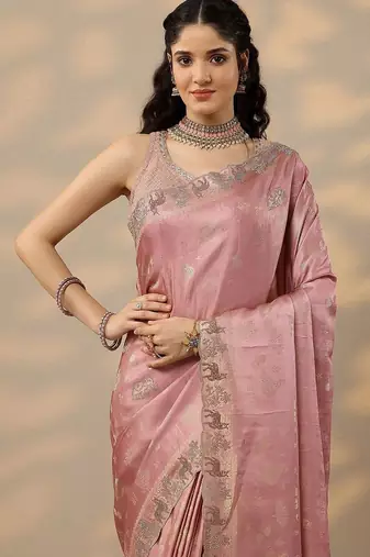 pink woven design banarasi silk blend saree with unstitched blouse piece