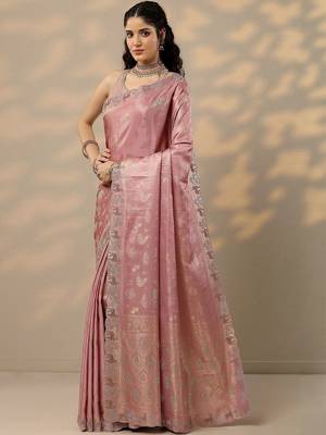 pink woven design banarasi silk blend saree with unstitched blouse piece 3