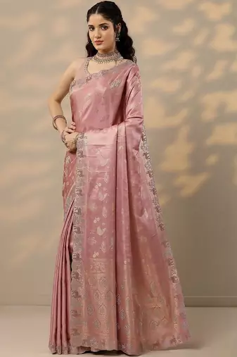 pink woven design banarasi silk blend saree with unstitched blouse piece