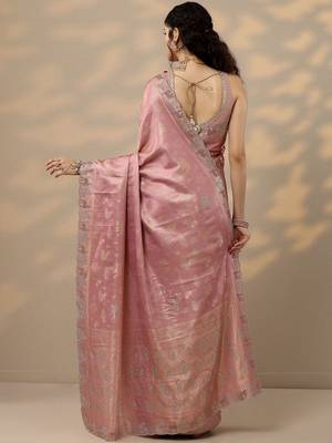 pink woven design banarasi silk blend saree with unstitched blouse piece 4