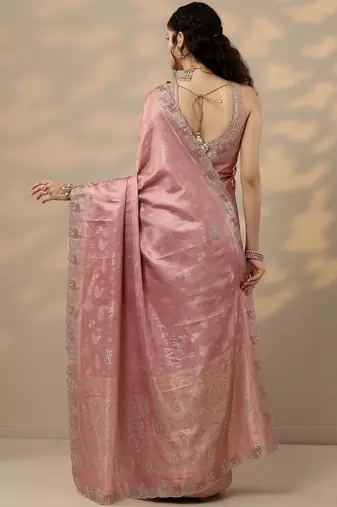 pink woven design banarasi silk blend saree with unstitched blouse piece