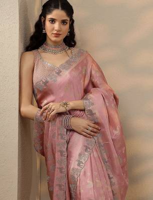 pink woven design banarasi silk blend saree with unstitched blouse piece 5