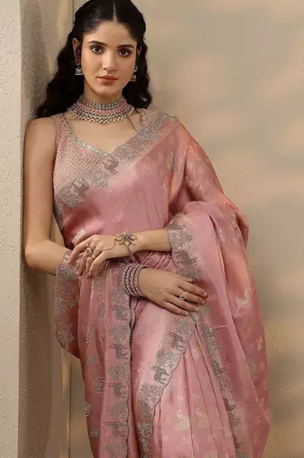 pink woven design banarasi silk blend saree with unstitched blouse piece