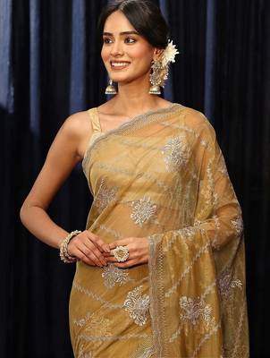 gold butter yellow floral embellished net saree 2