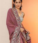 purple embroidered saree with unstitched blouse piece