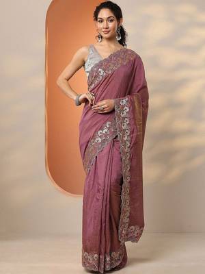 purple embroidered saree with unstitched blouse piece 2