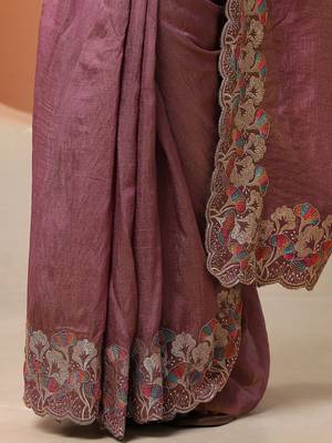 purple embroidered saree with unstitched blouse piece 5