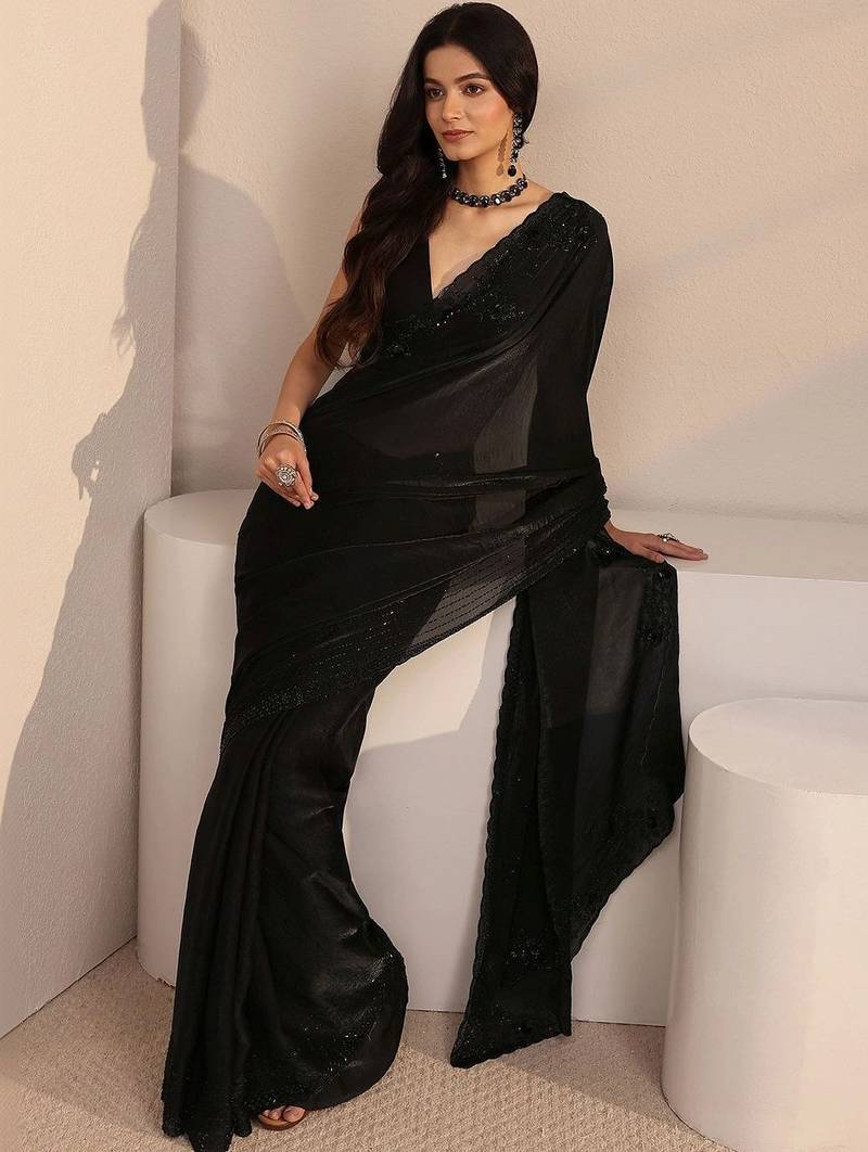 black beads and stones tissue saree