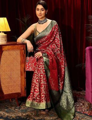 red floral zari satin saree 1