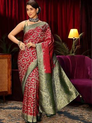 red floral zari satin saree 2