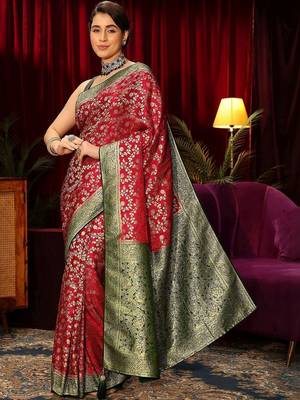 red floral zari satin saree 3