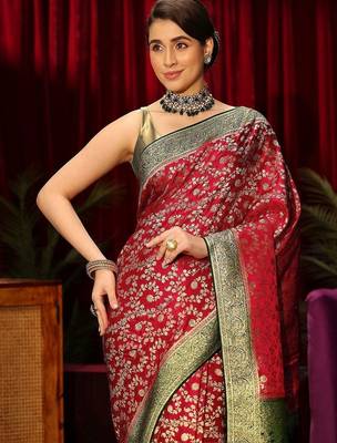 red floral zari satin saree 5