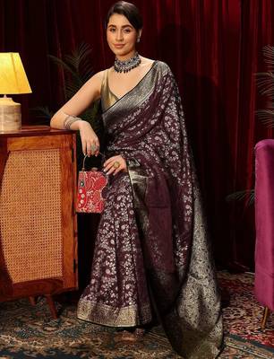 purple floral zari satin saree 1