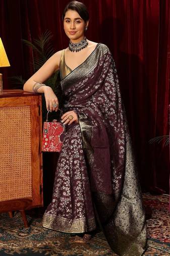 purple floral zari satin saree