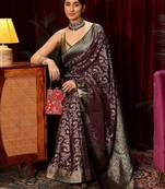 purple floral zari satin saree